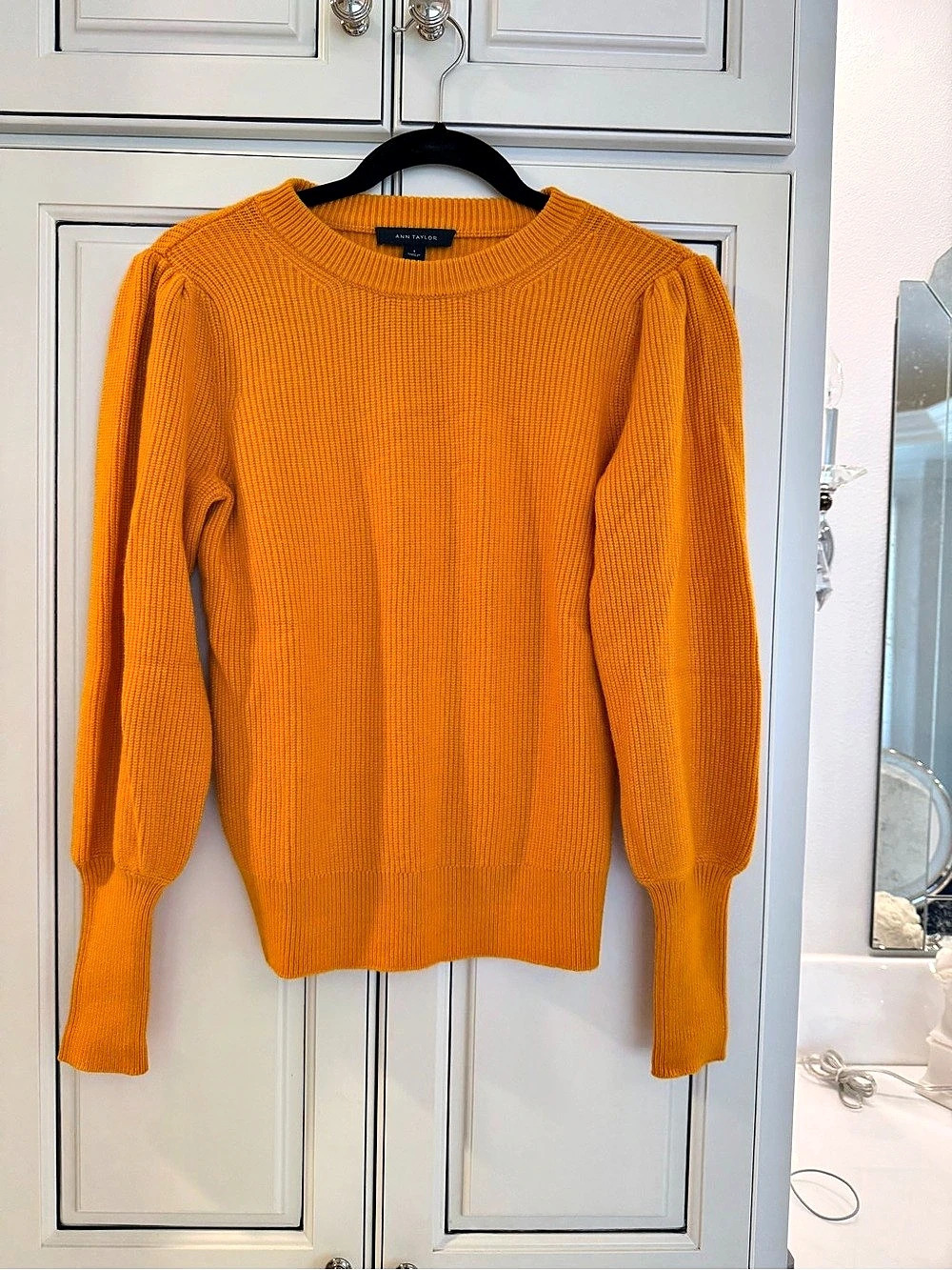 Ann Taylor Ribbed Crew Neck Sweater in Mustard with Puff Sleeves - Size Small